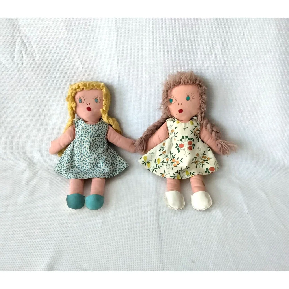 Charming Vintage 1960s Pair of Folk Art Reversible Happy/Sleepy Face Cloth Dolls